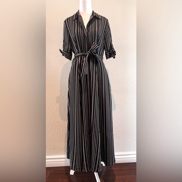 Calvin Klein Dresses & Skirts - Calvin Klein Striped Black/Silver Midi Button Down Shirt Dress - Size 4